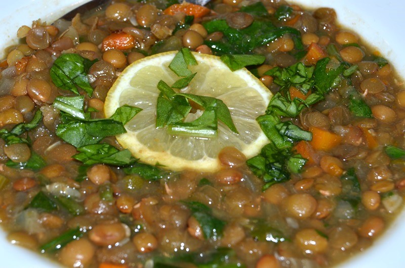 Brown Lentil Soup with Spinach